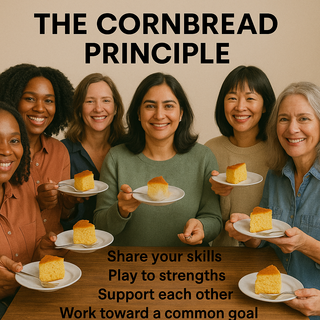 The Cornbread Principle - Share your skills, Play to strengths, Support each other, Work toward a common goal